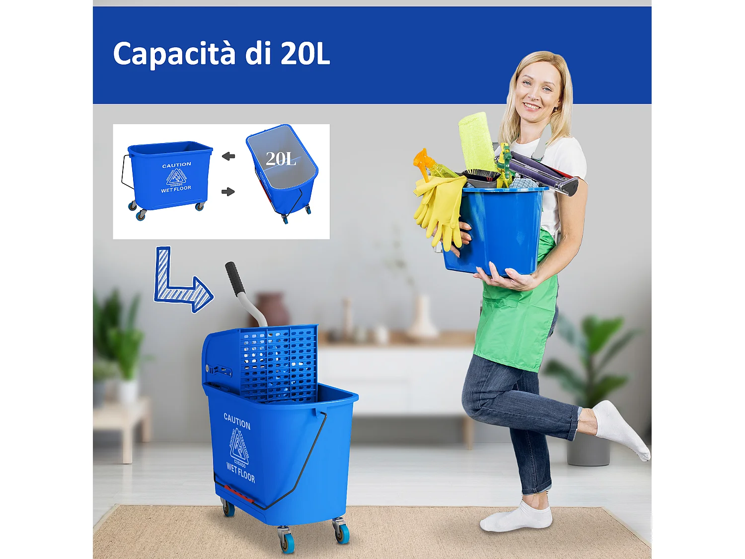 Carrello per pulizie da 20L con specchio e strizzatore in pp blu