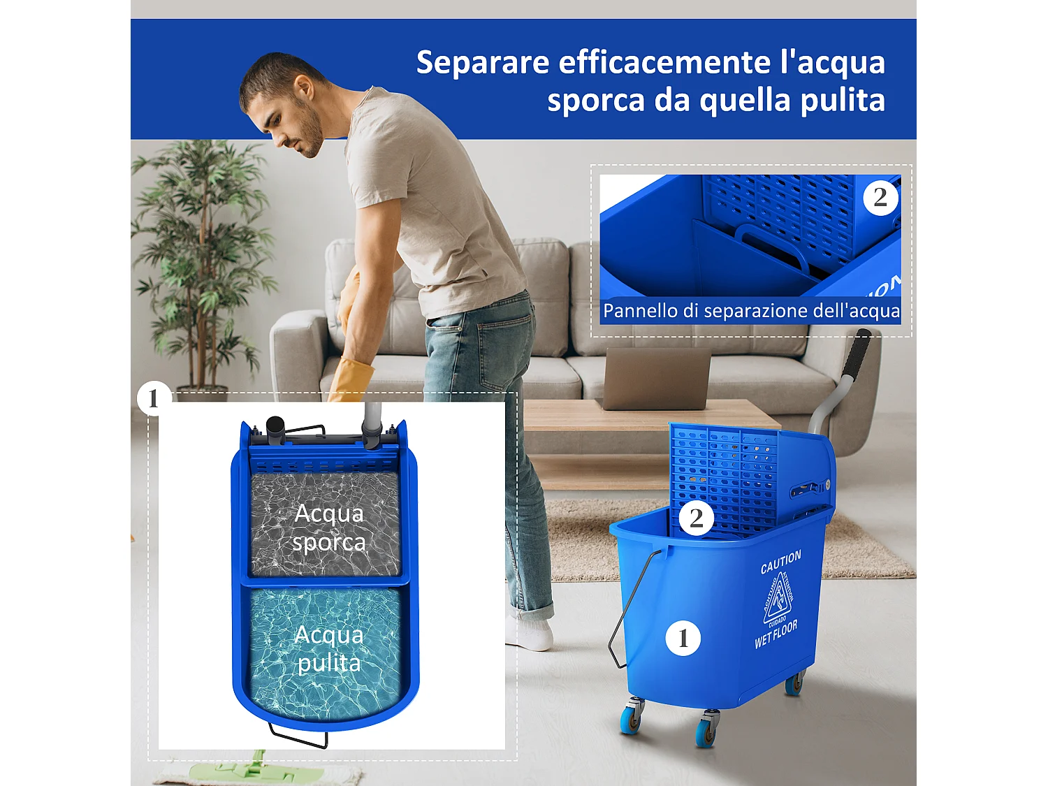 Carrello per pulizie da 20L con specchio e strizzatore in pp blu