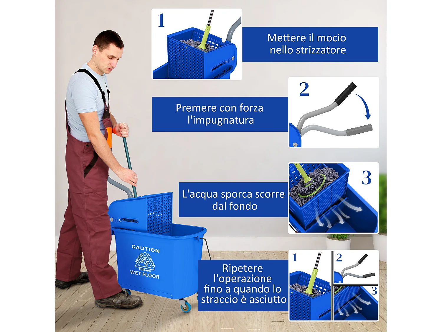 Carrello per pulizie da 20L con specchio e strizzatore in pp blu