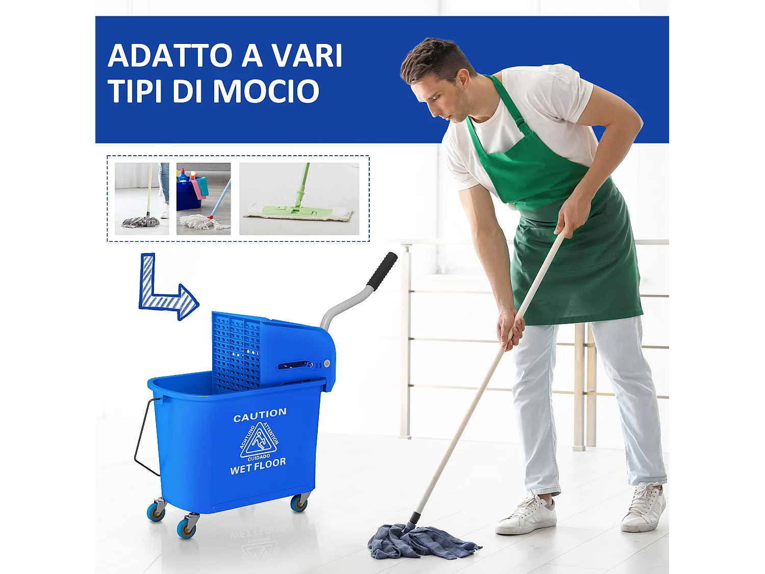 Carrello per pulizie da 20L con specchio e strizzatore in pp blu