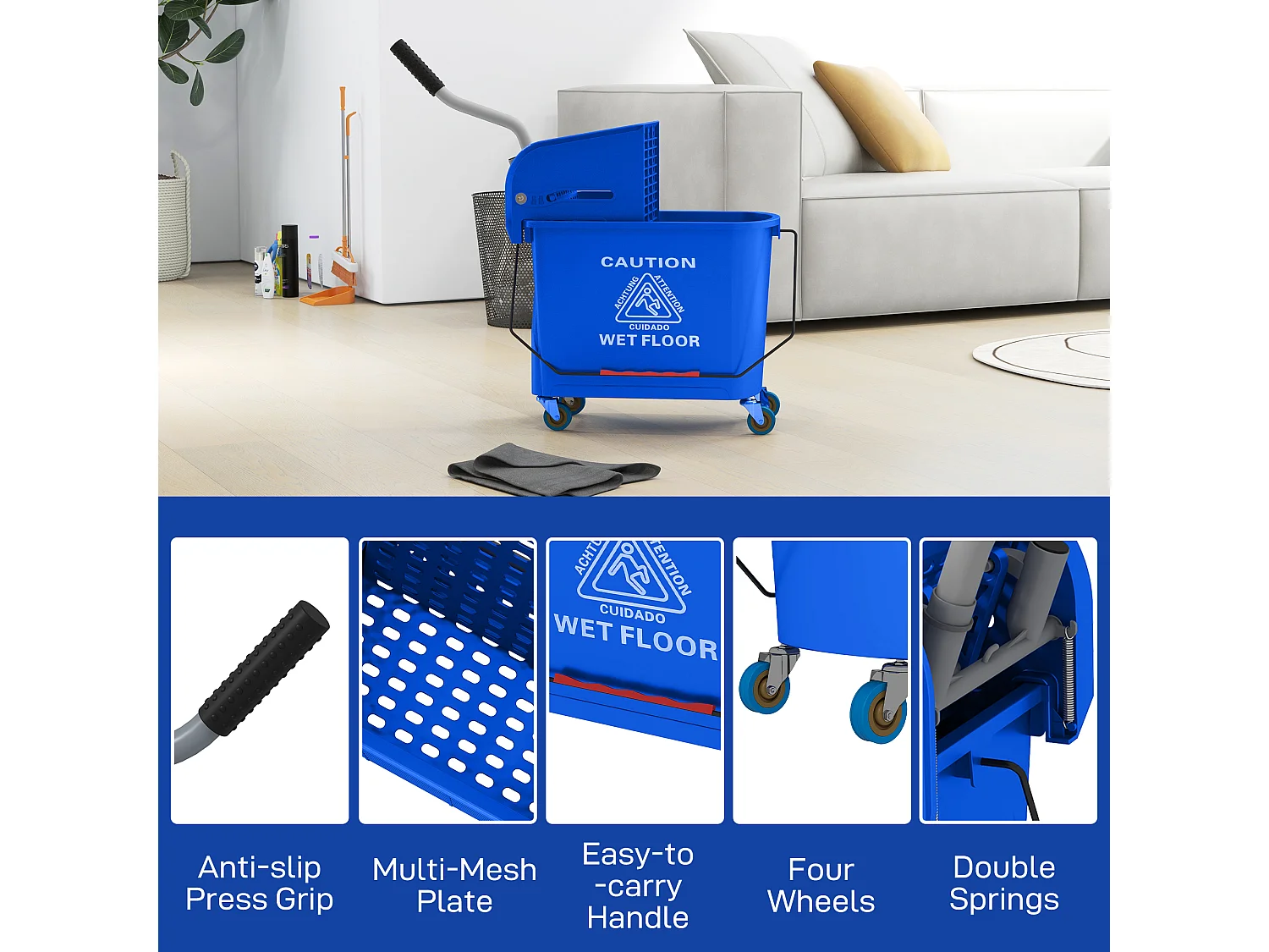 Carrello per pulizie da 20L con specchio e strizzatore in pp blu