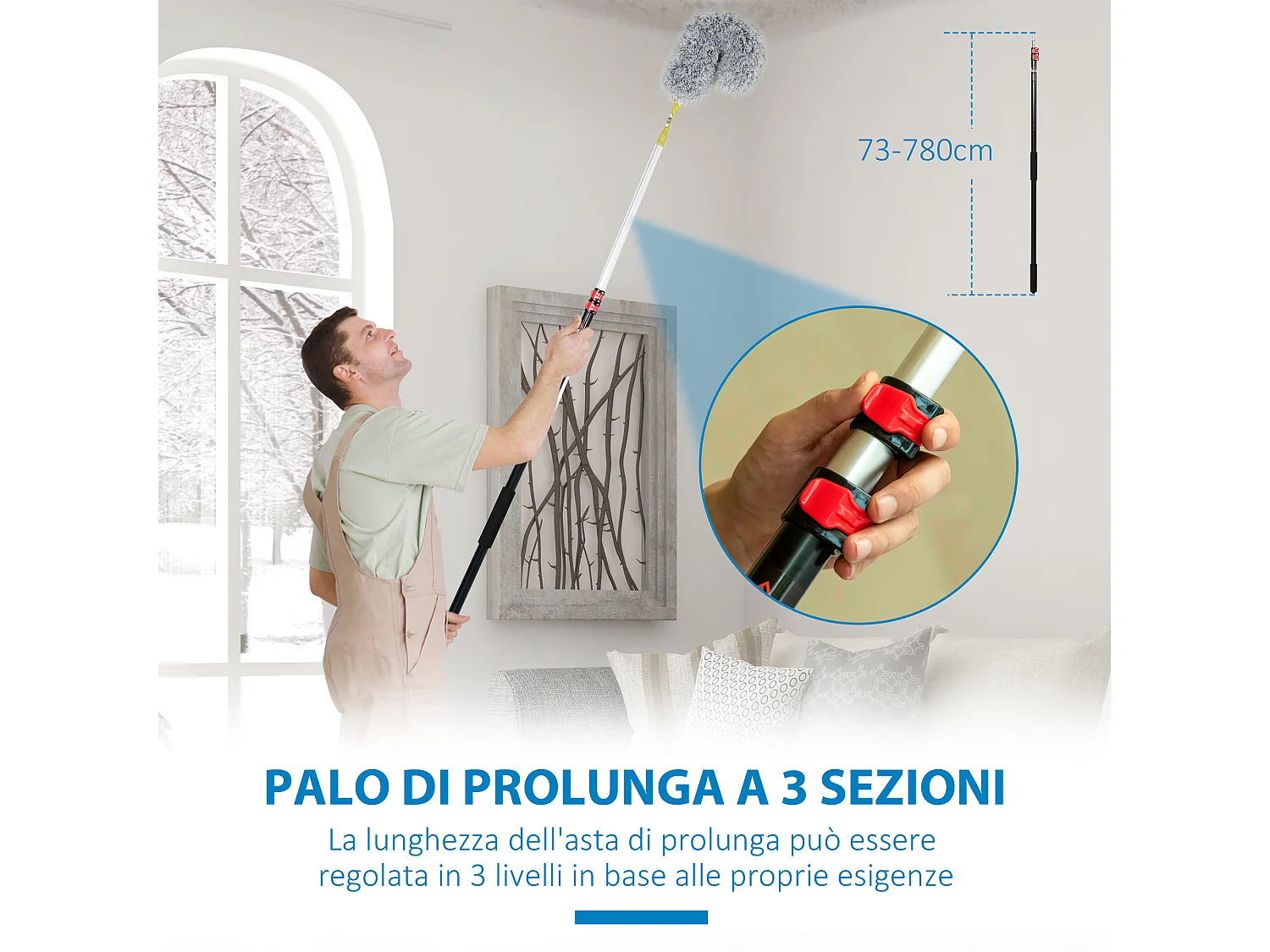 Kit per pulizia della casa con asta di prolunga e 3 spolverini