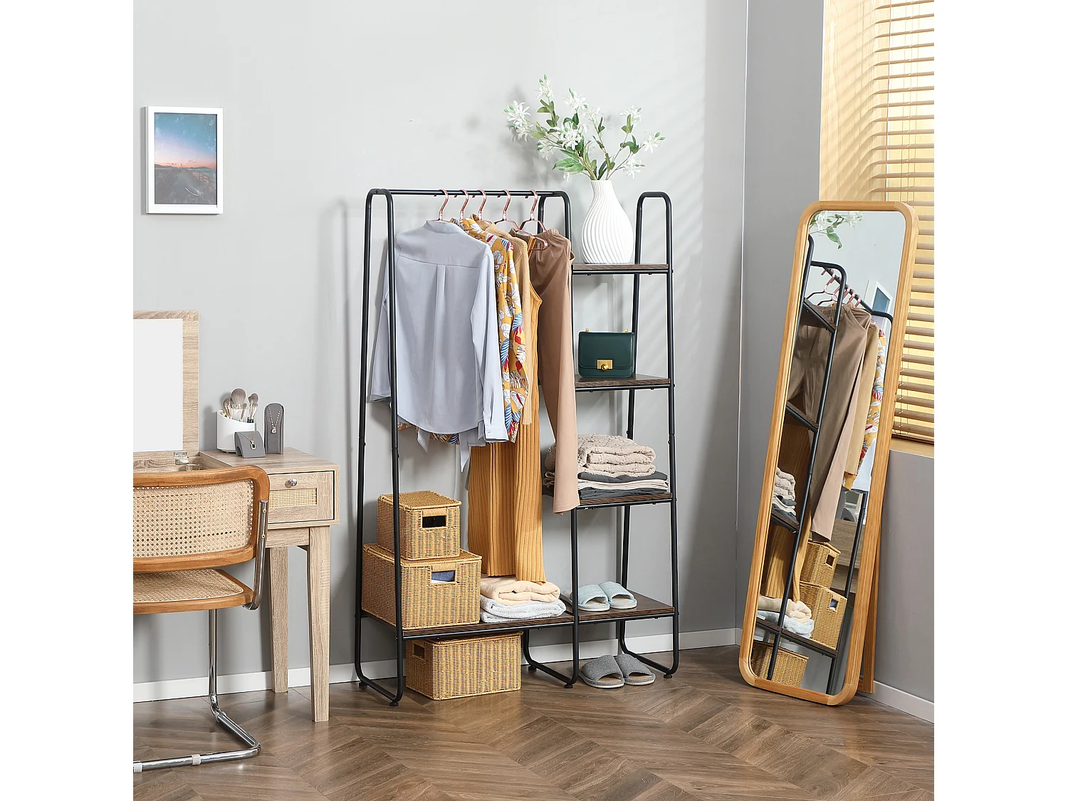 Appendiabiti da terra stile industriale con barra e 5 ripiani