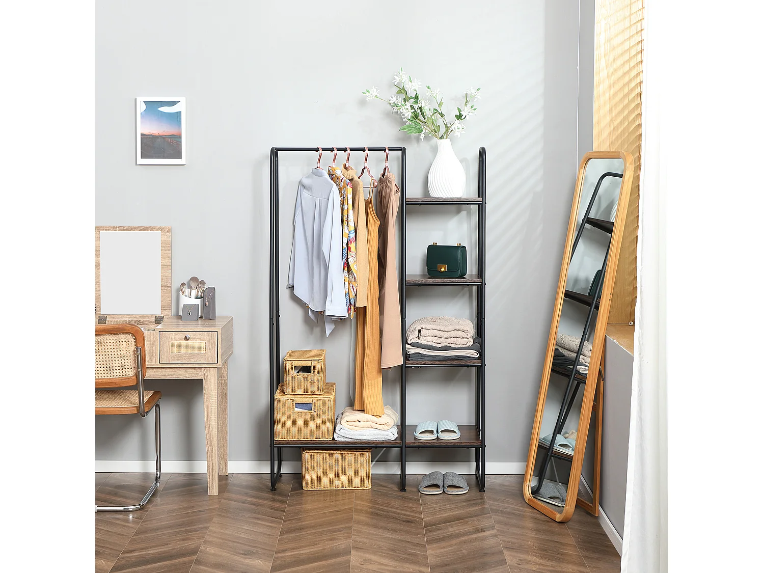 Appendiabiti da terra stile industriale con barra e 5 ripiani