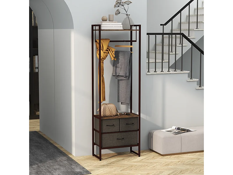 Appendiabiti da terra con asta 3 cassetti e ripiani marrone