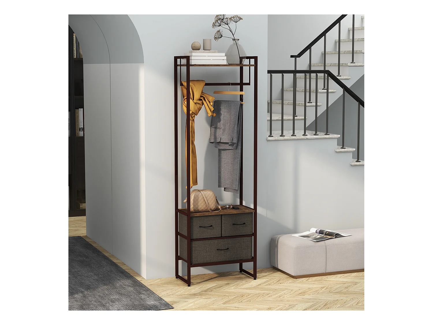 Appendiabiti da terra con asta 3 cassetti e ripiani marrone