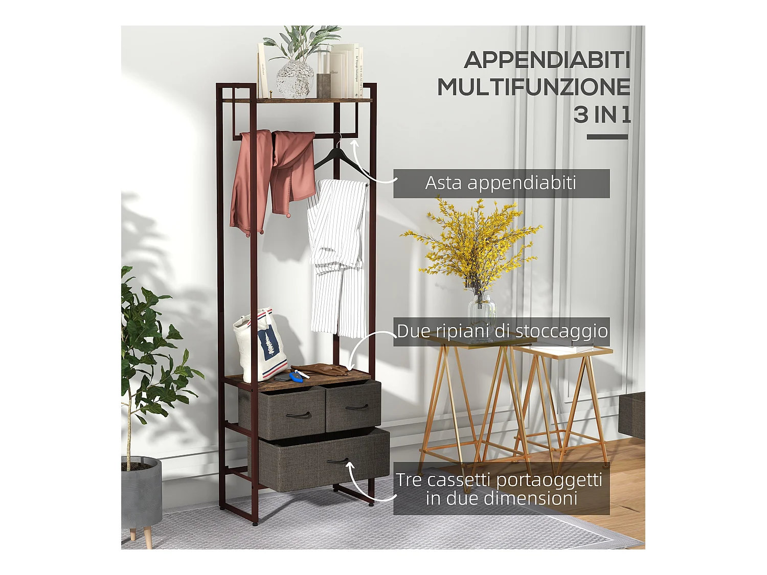 Appendiabiti da terra con asta 3 cassetti e ripiani marrone