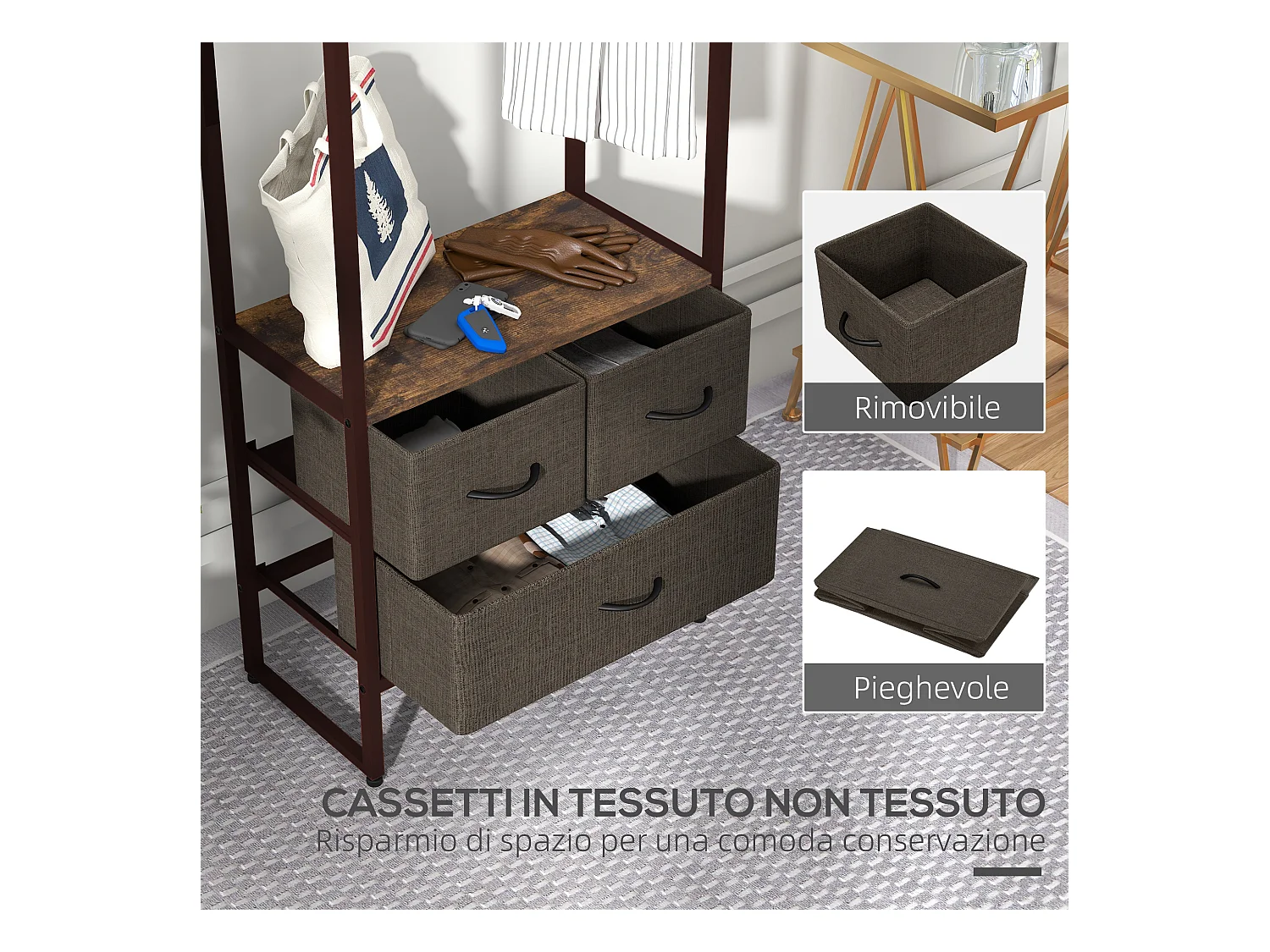 Appendiabiti da terra con asta 3 cassetti e ripiani marrone