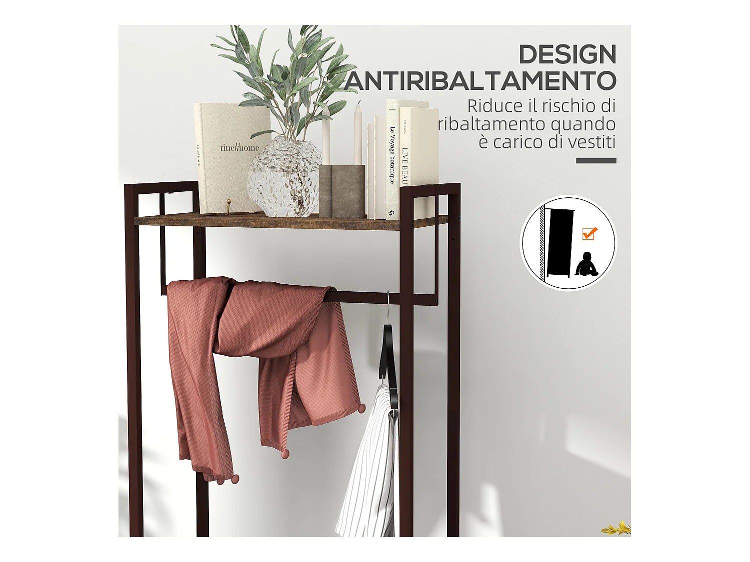 Appendiabiti da terra con asta 3 cassetti e ripiani marrone