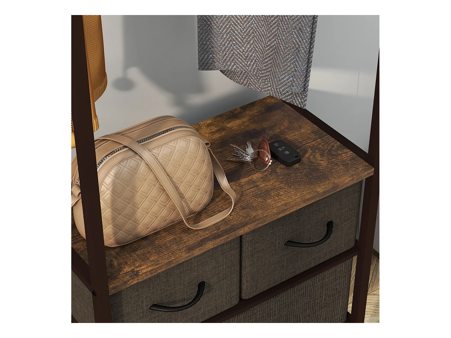 Appendiabiti da terra con asta 3 cassetti e ripiani marrone