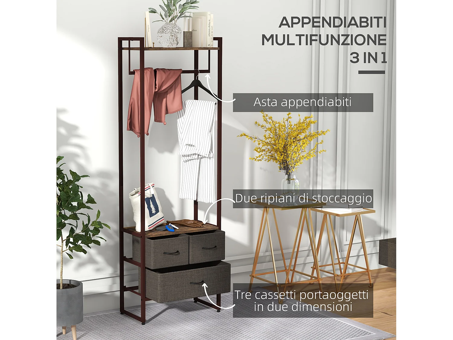 Appendiabiti da terra con asta 3 cassetti e ripiani marrone