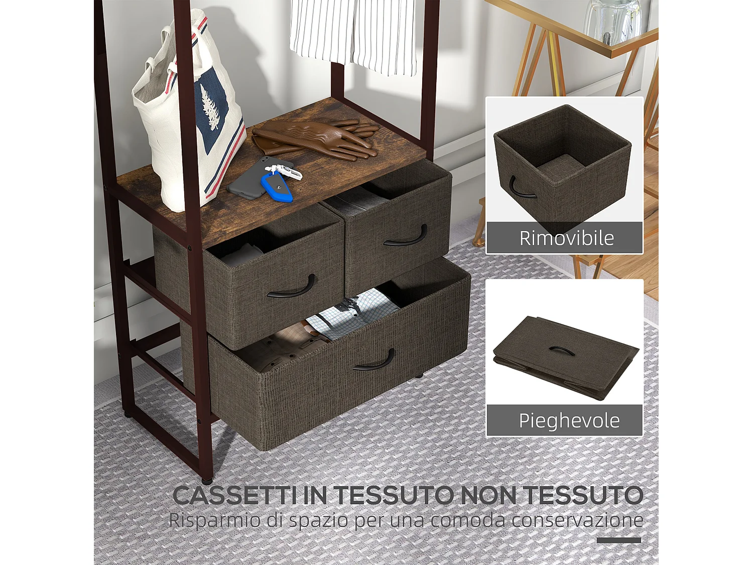 Appendiabiti da terra con asta 3 cassetti e ripiani marrone