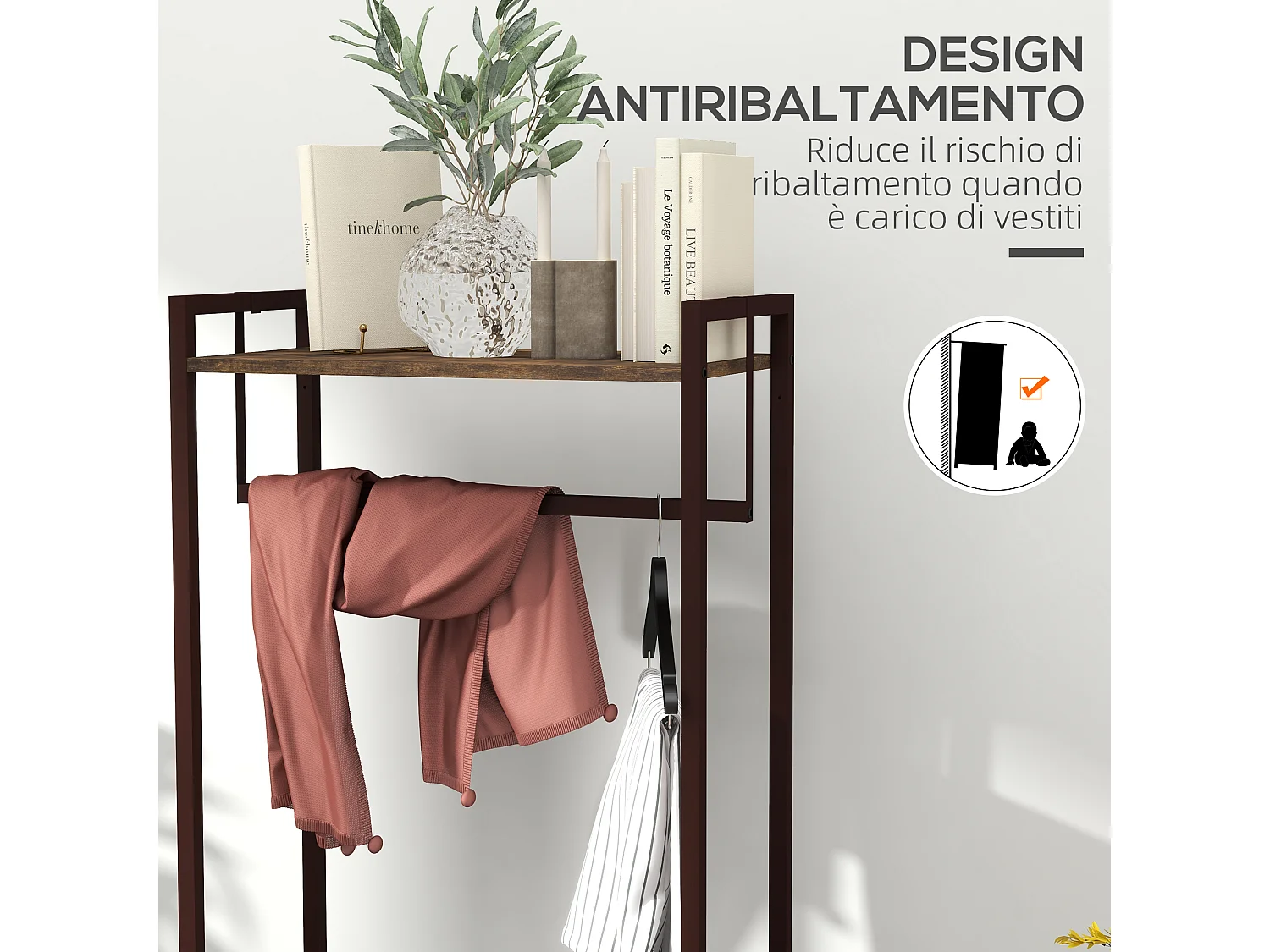 Appendiabiti da terra con asta 3 cassetti e ripiani marrone