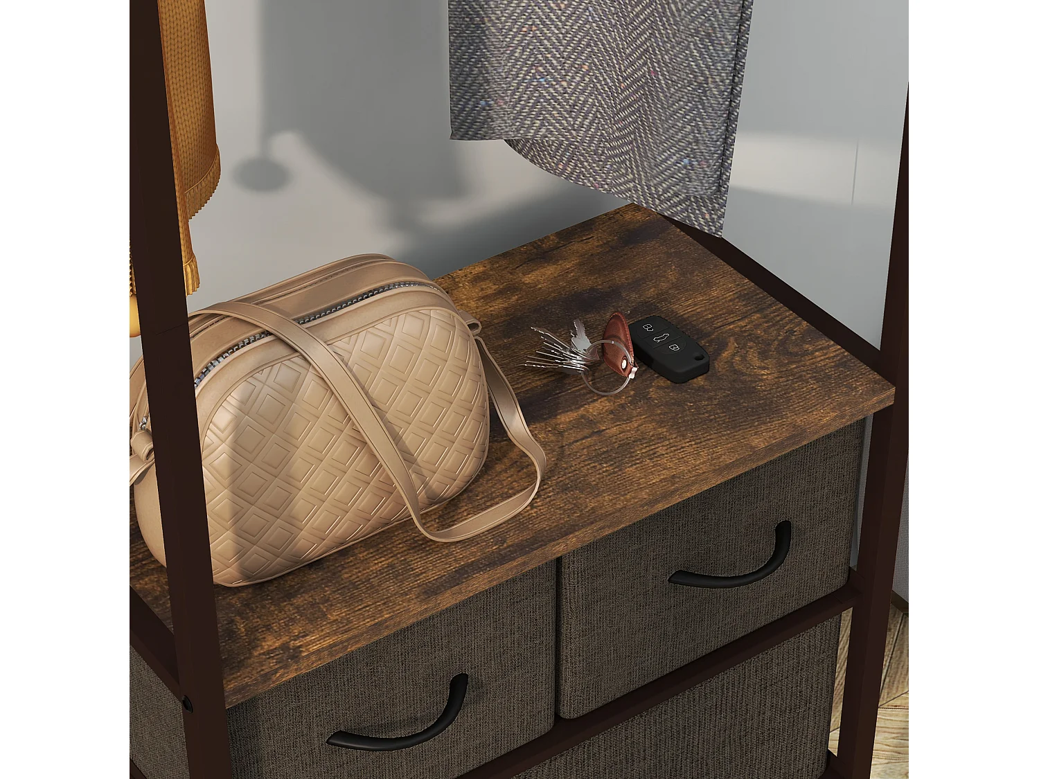 Appendiabiti da terra con asta 3 cassetti e ripiani marrone