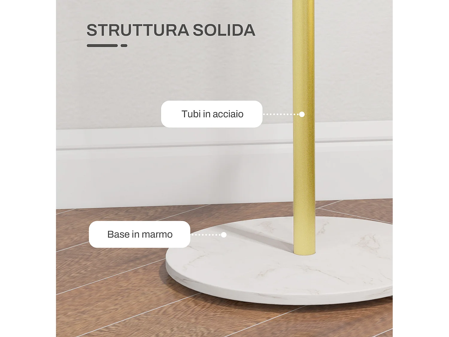 Appendiabiti da terra con 8 ganci in acciaio e base in marmo oro