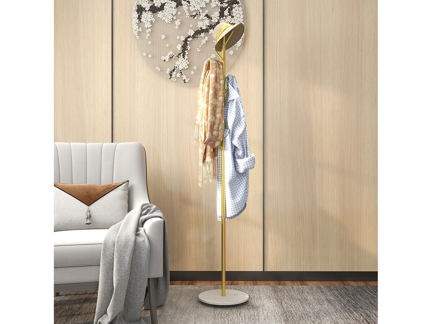 Appendiabiti da terra con 8 ganci in acciaio e base in marmo oro
