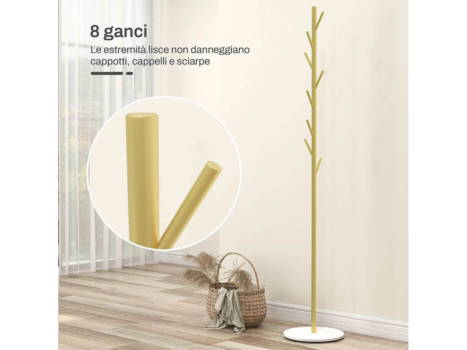 Appendiabiti da terra con 8 ganci in acciaio e base in marmo oro