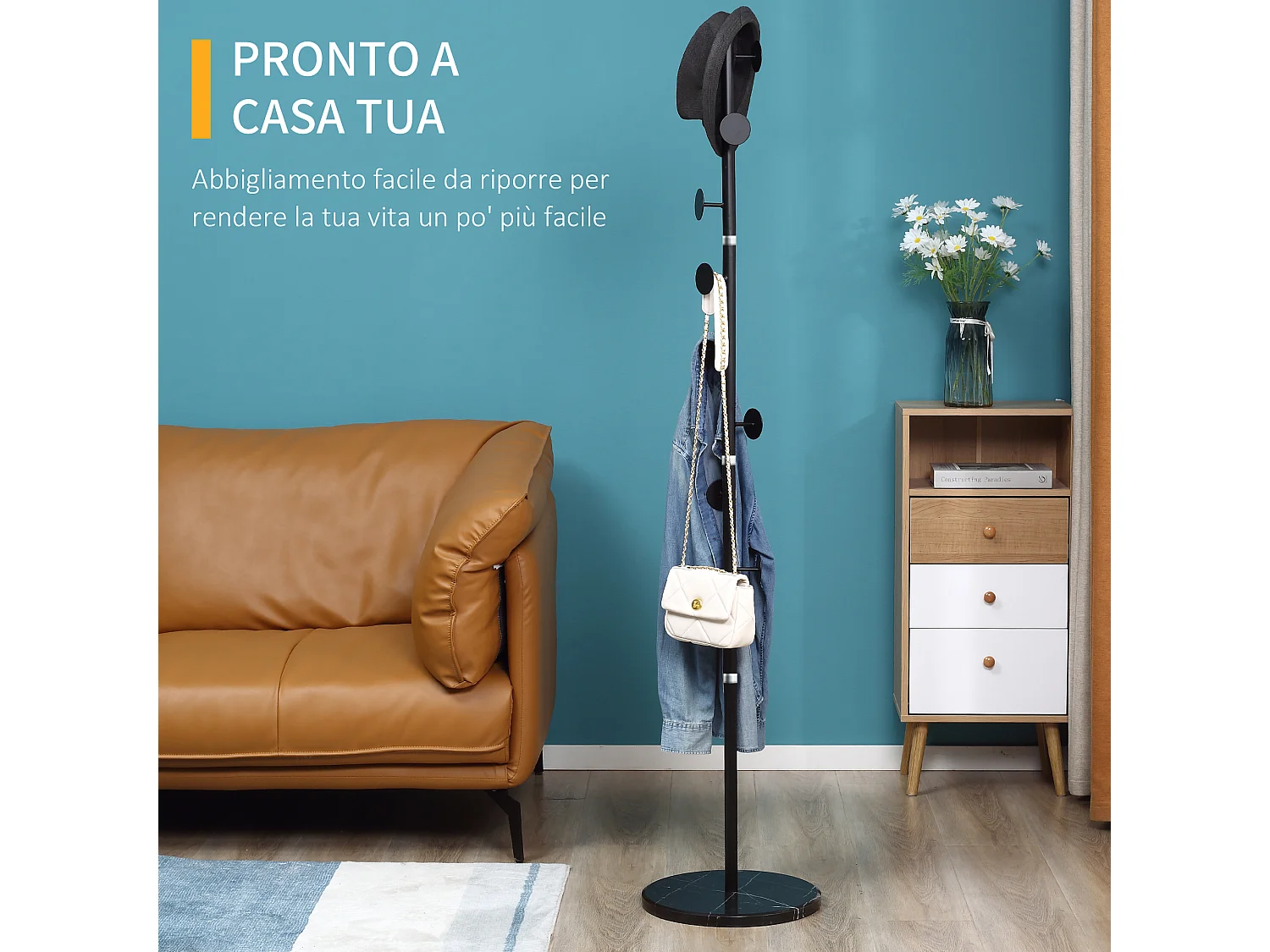 Appendiabiti da terra 8 ganci in acciaio base in marmo nero