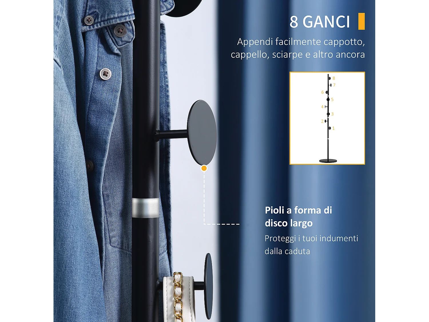 Appendiabiti da terra 8 ganci in acciaio base in marmo nero