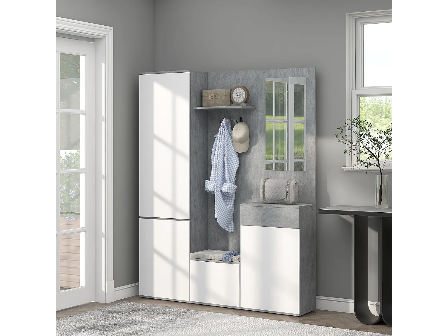 Mobile ingresso 4 in 1 con specchio gancio ripiani regolabili grigio