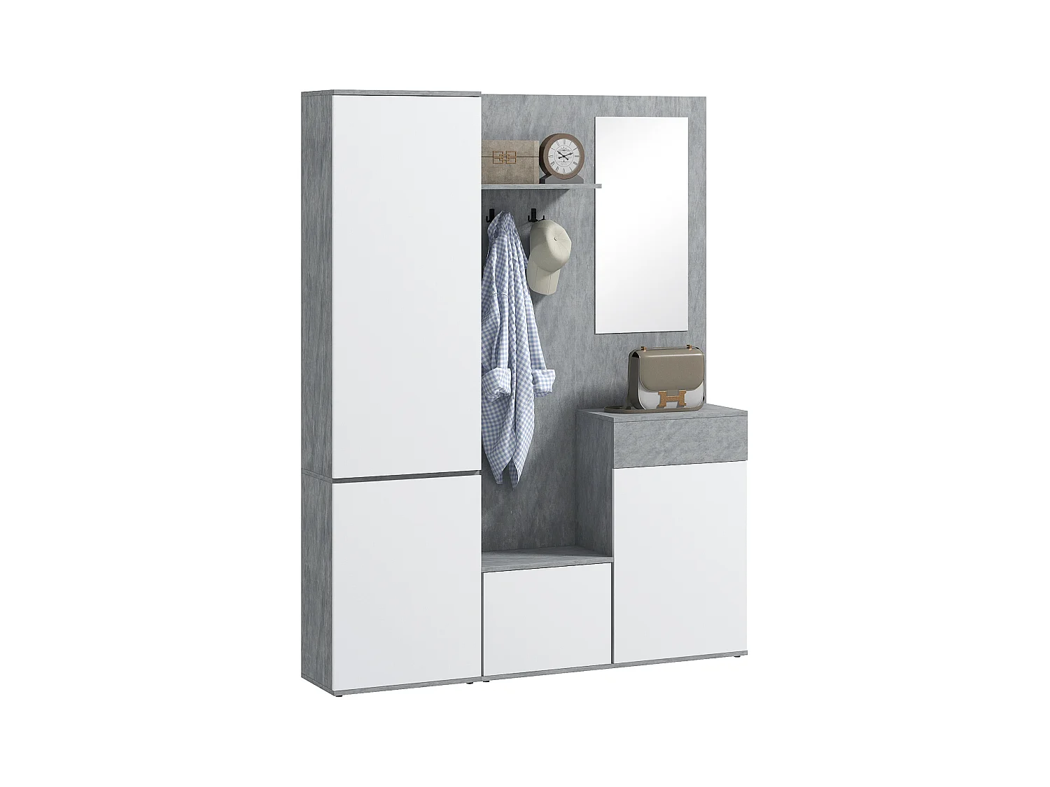 Mobile ingresso 4 in 1 con specchio gancio ripiani regolabili grigio