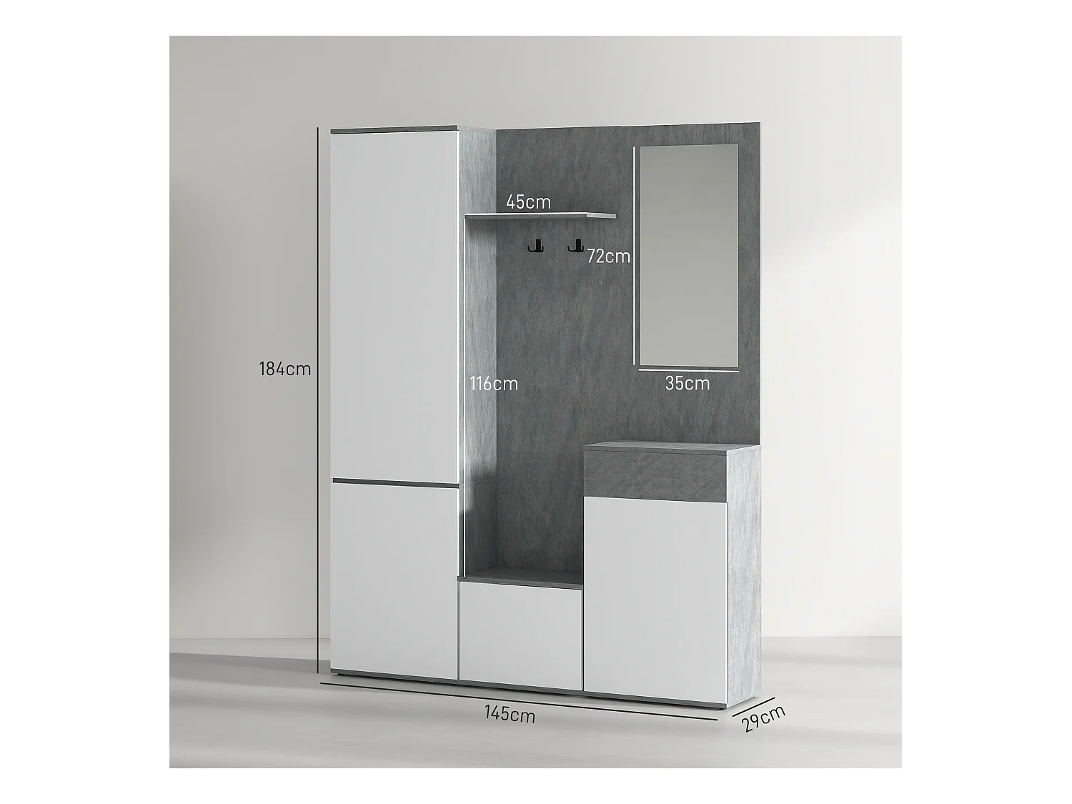 Mobile ingresso 4 in 1 con specchio gancio ripiani regolabili grigio