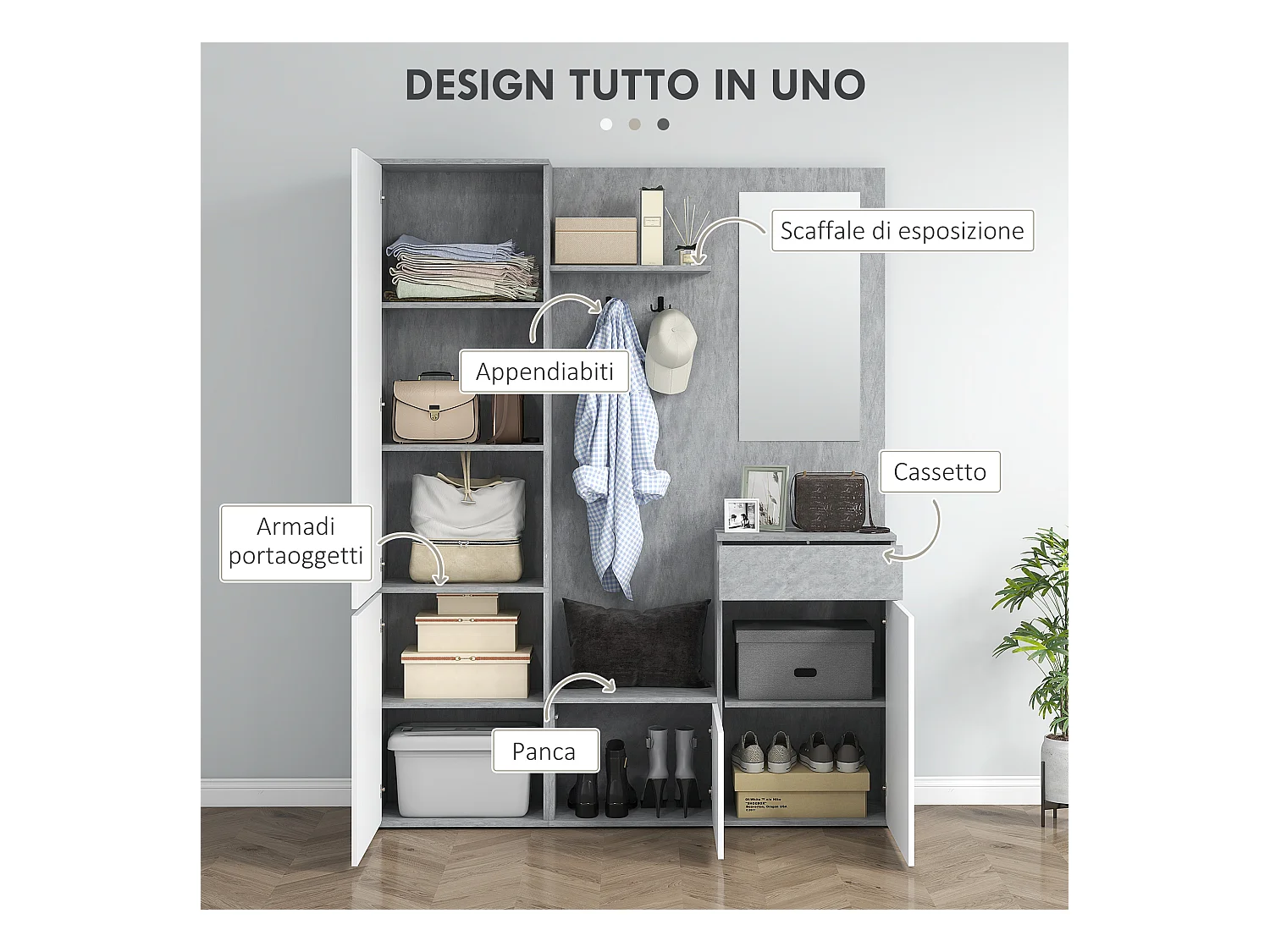 Mobile ingresso 4 in 1 con specchio gancio ripiani regolabili grigio