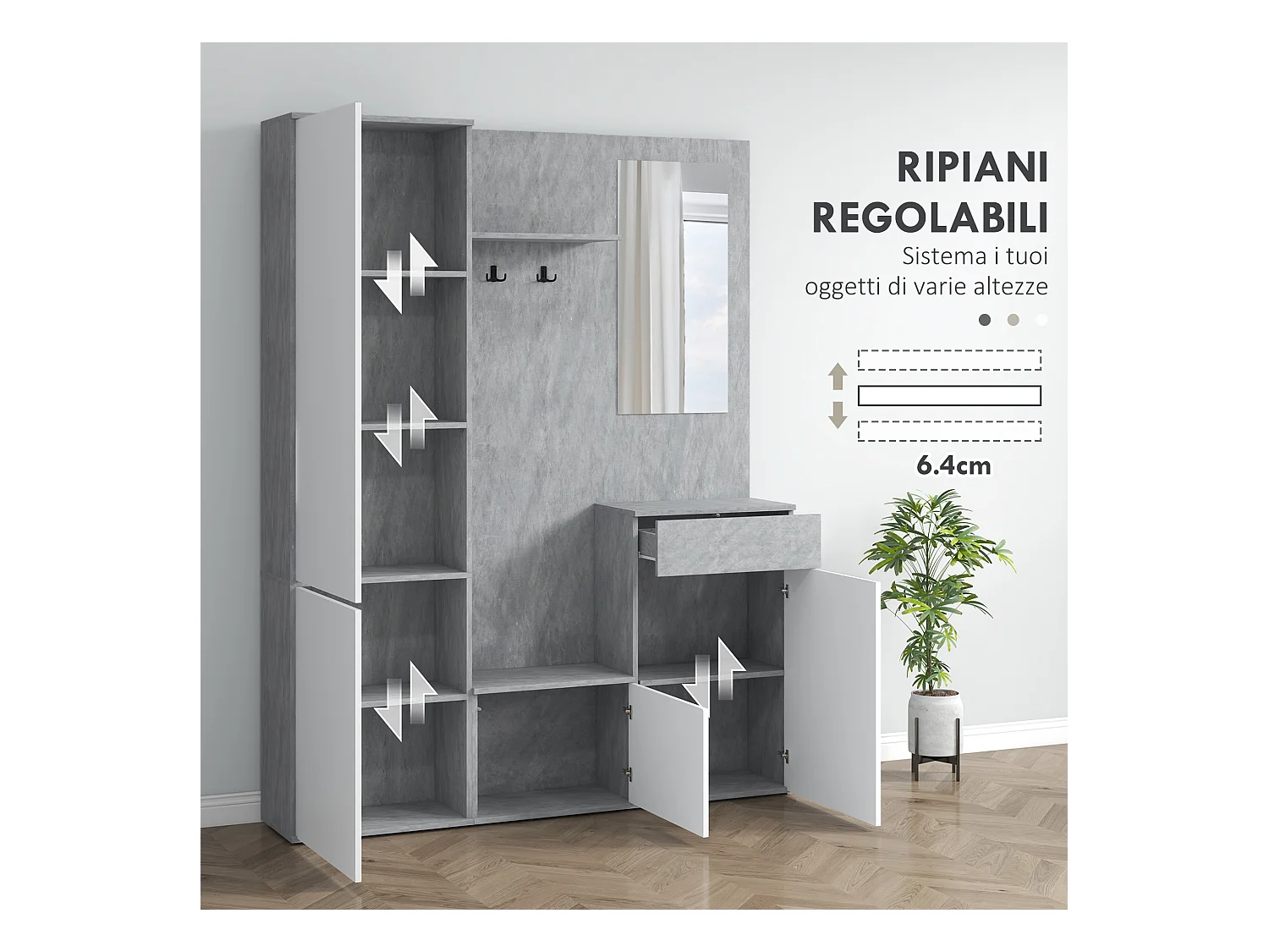 Mobile ingresso 4 in 1 con specchio gancio ripiani regolabili grigio