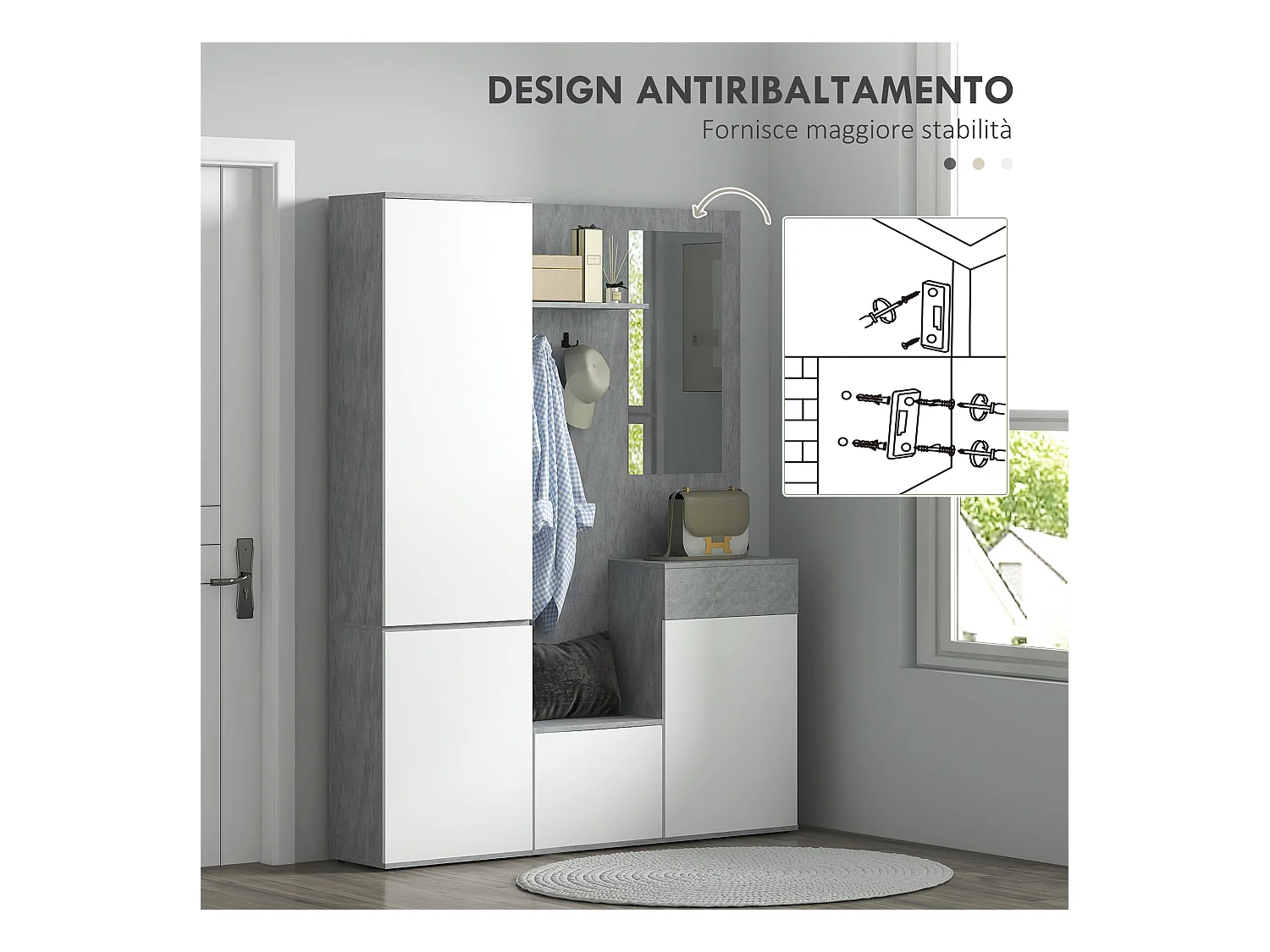 Mobile ingresso 4 in 1 con specchio gancio ripiani regolabili grigio