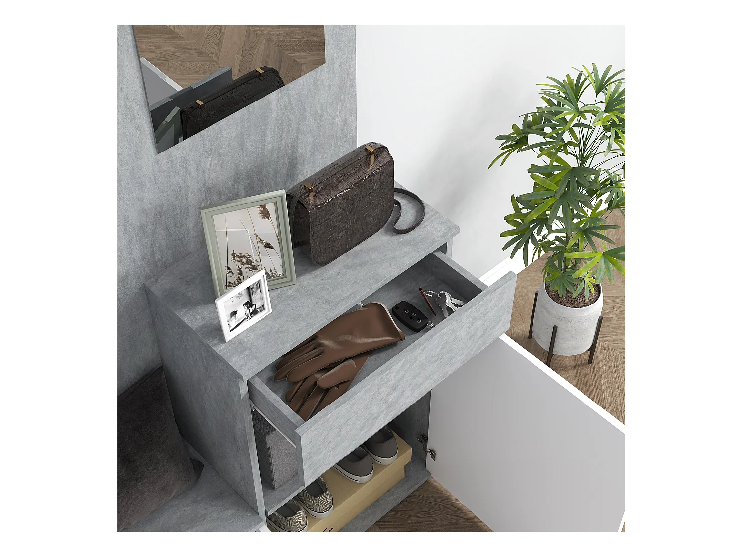 Mobile ingresso 4 in 1 con specchio gancio ripiani regolabili grigio