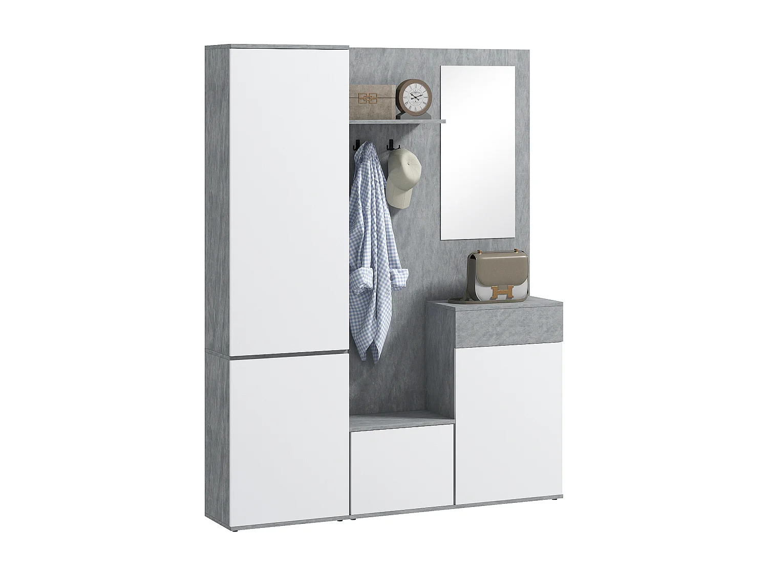 Mobile ingresso 4 in 1 con specchio gancio ripiani regolabili grigio