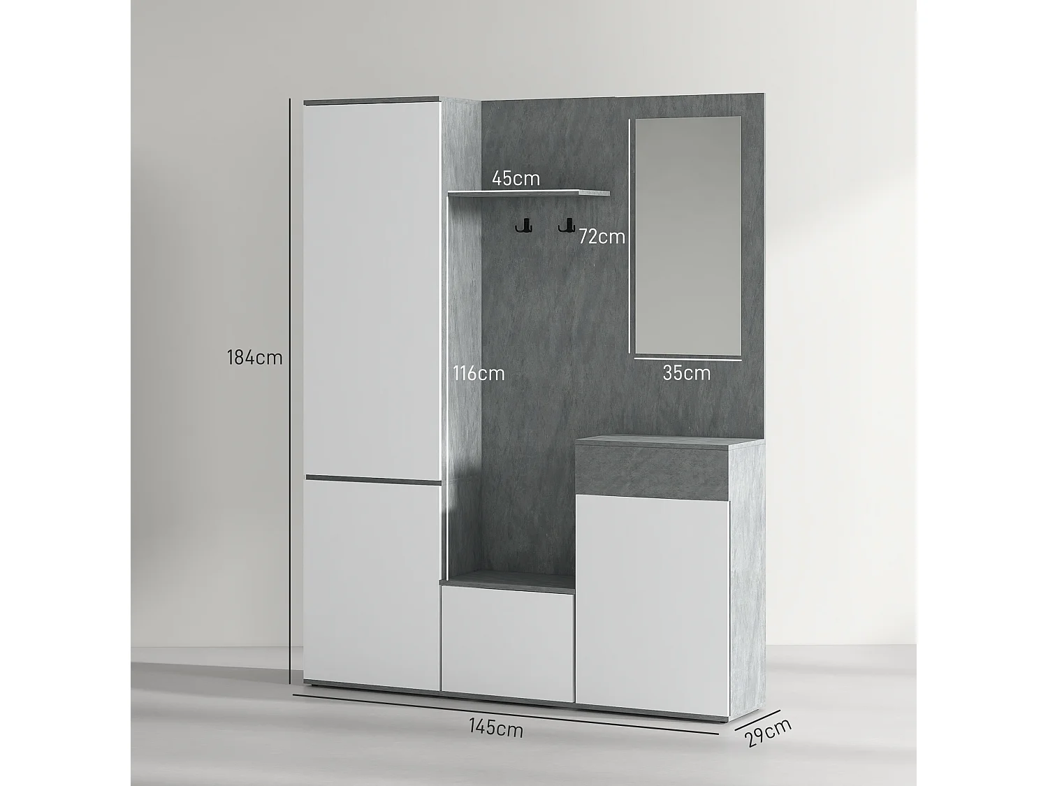 Mobile ingresso 4 in 1 con specchio gancio ripiani regolabili grigio