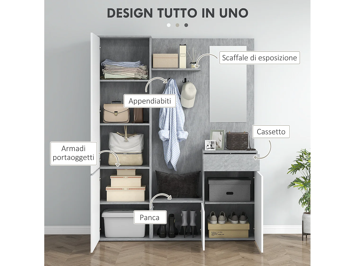 Mobile ingresso 4 in 1 con specchio gancio ripiani regolabili grigio