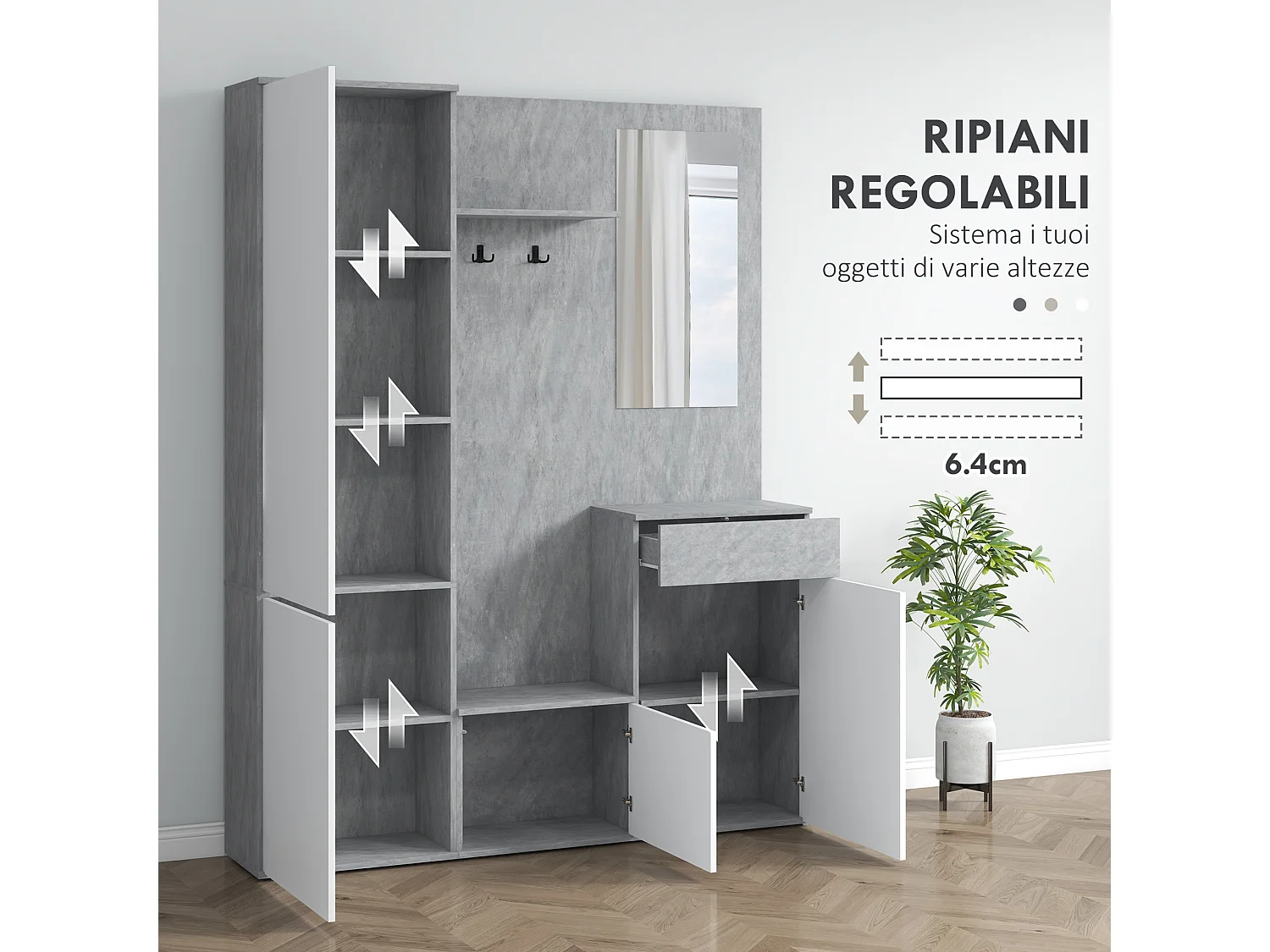 Mobile ingresso 4 in 1 con specchio gancio ripiani regolabili grigio