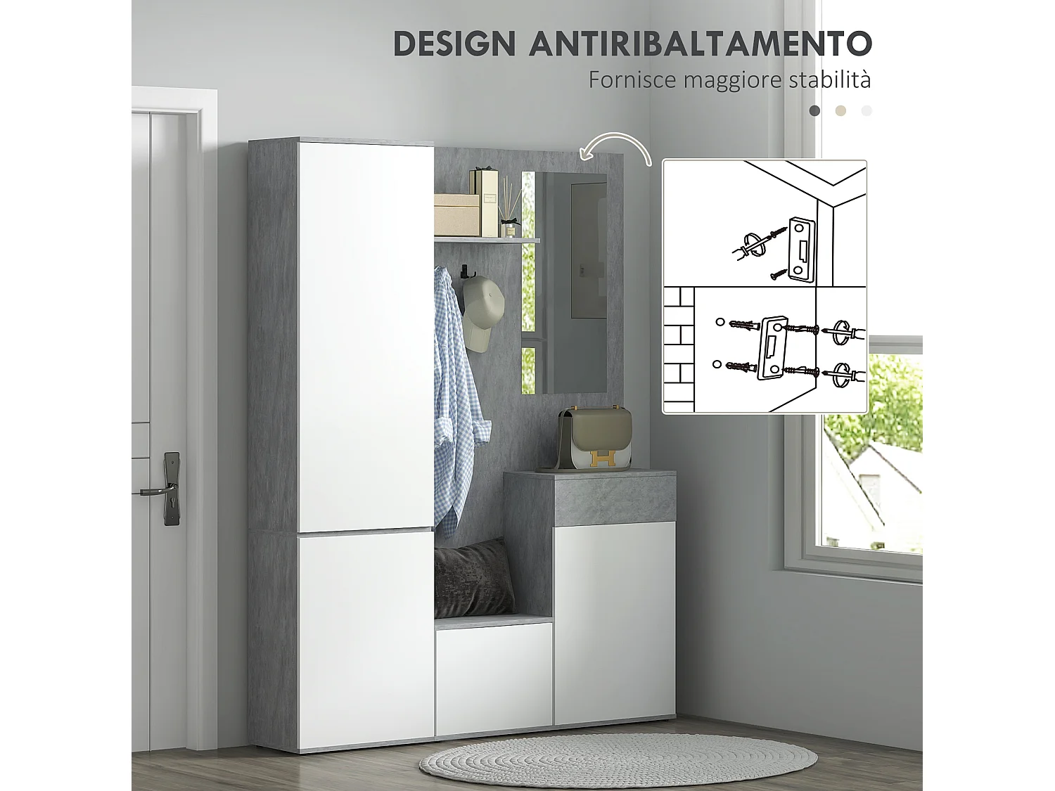 Mobile ingresso 4 in 1 con specchio gancio ripiani regolabili grigio