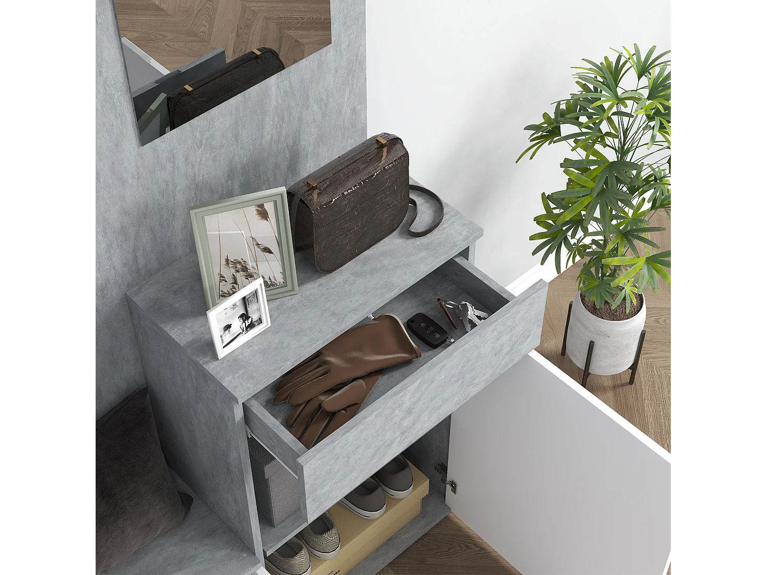 Mobile ingresso 4 in 1 con specchio gancio ripiani regolabili grigio