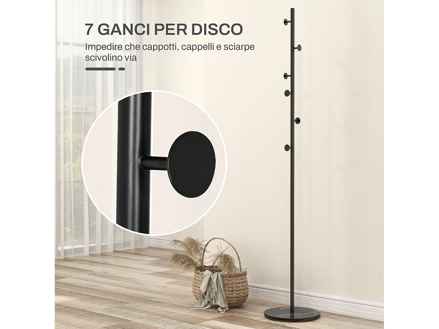 Appendiabiti da terra con 6 ganci in acciaio e base in ardesia nero