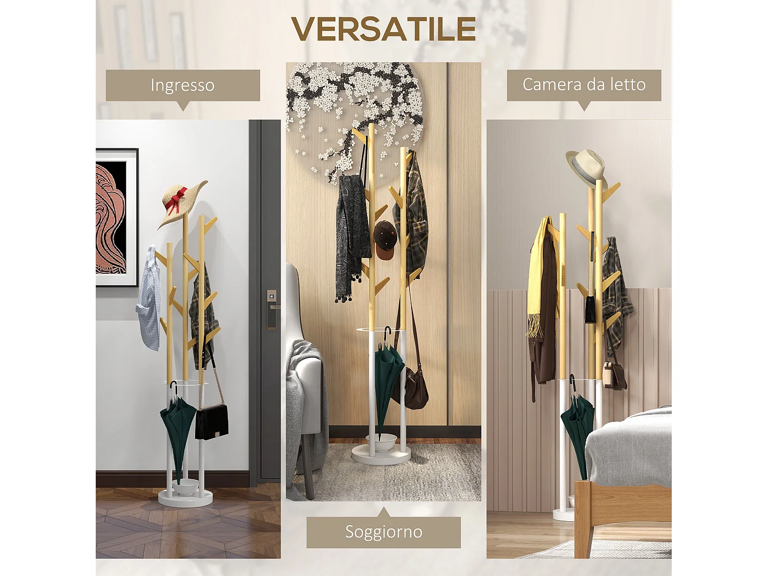 Attaccapanni a terra 12 ganci e portaombrelli 30.5x30.5x174.5cm