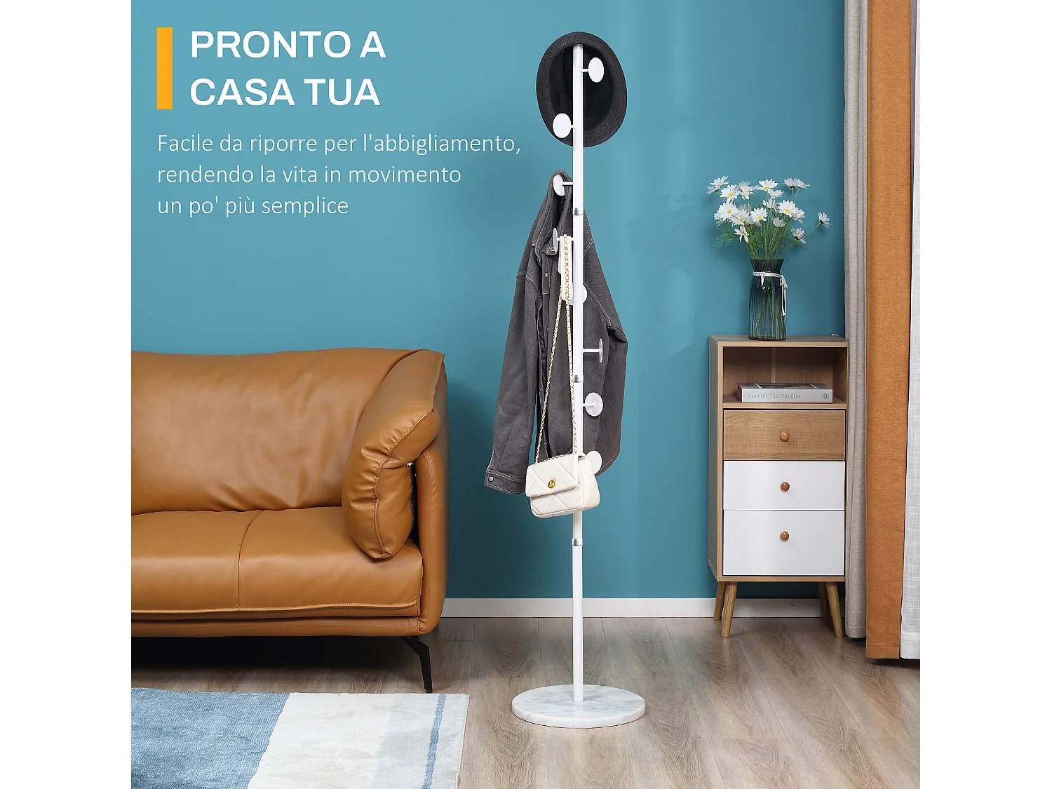 Appendiabiti da terra a 8 ganci in acciaio e marmo bianco