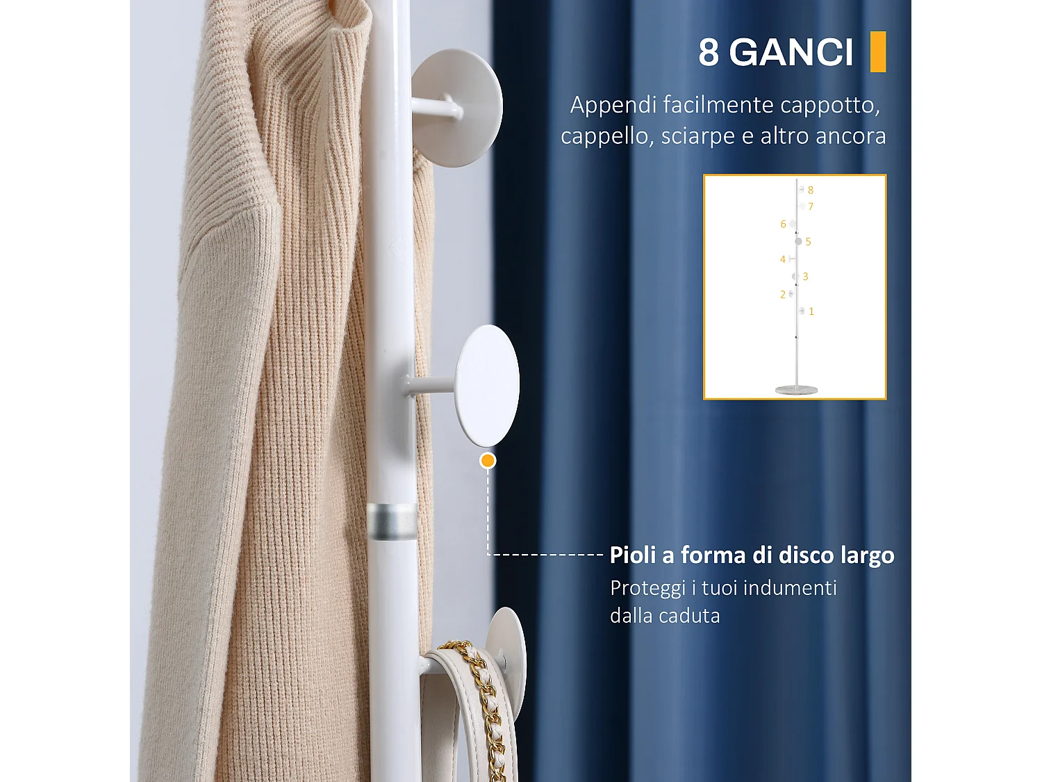 Appendiabiti da terra a 8 ganci in acciaio e marmo bianco