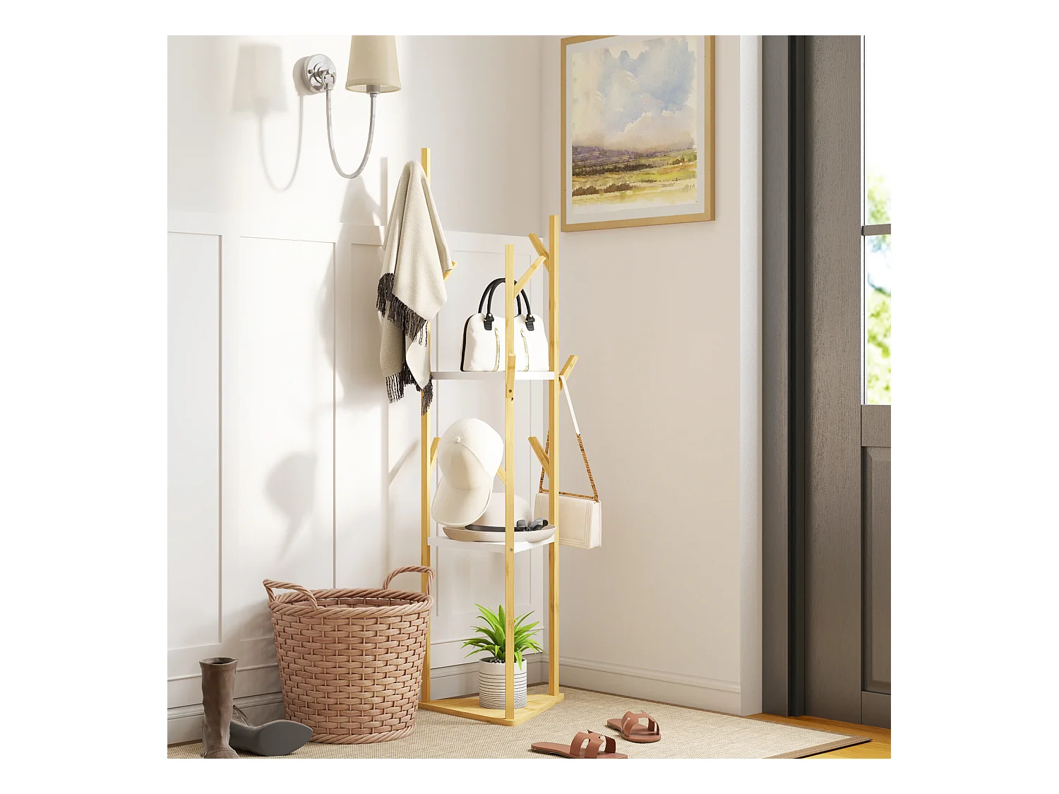 Albero appendiabiti da terra con 9 ganci e 3 ripiani legno e bianco