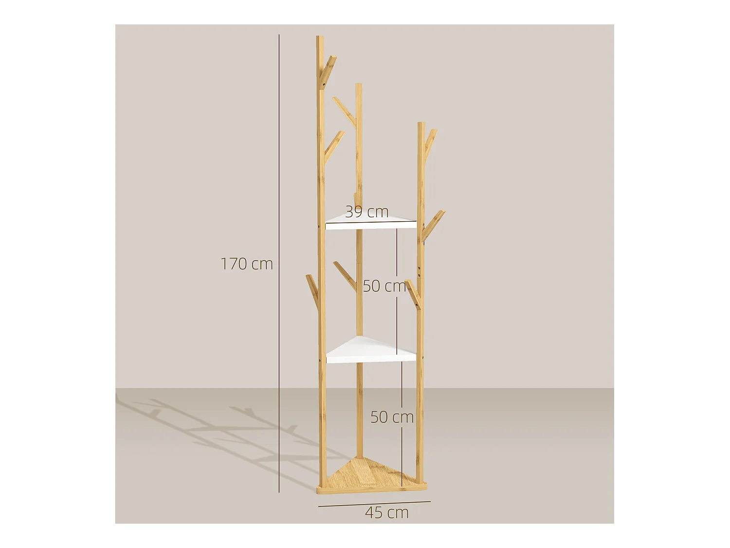 Albero appendiabiti da terra con 9 ganci e 3 ripiani legno e bianco