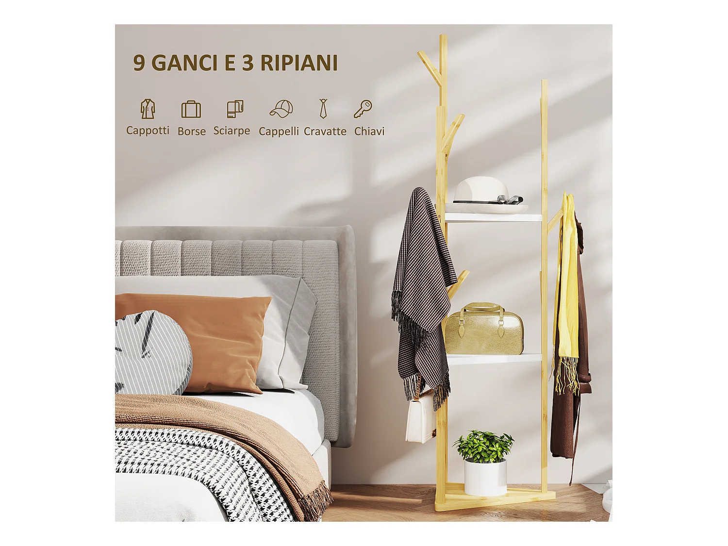 Albero appendiabiti da terra con 9 ganci e 3 ripiani legno e bianco