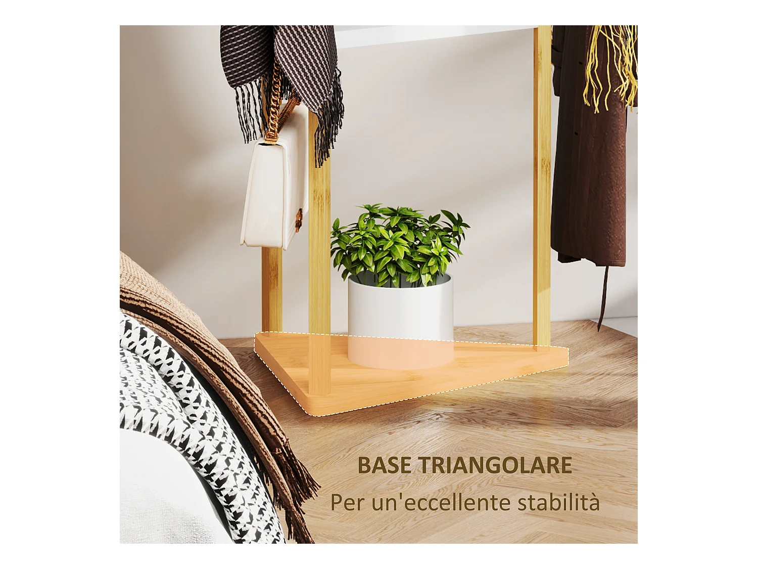 Albero appendiabiti da terra con 9 ganci e 3 ripiani legno e bianco