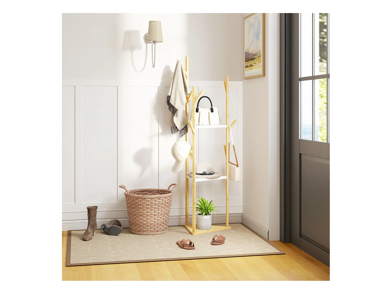 Albero appendiabiti da terra con 9 ganci e 3 ripiani legno e bianco