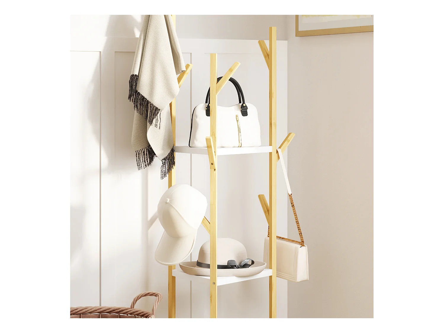 Albero appendiabiti da terra con 9 ganci e 3 ripiani legno e bianco