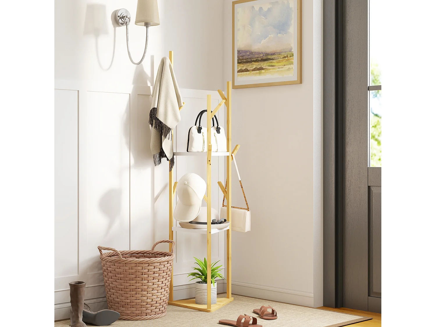 Albero appendiabiti da terra con 9 ganci e 3 ripiani legno e bianco