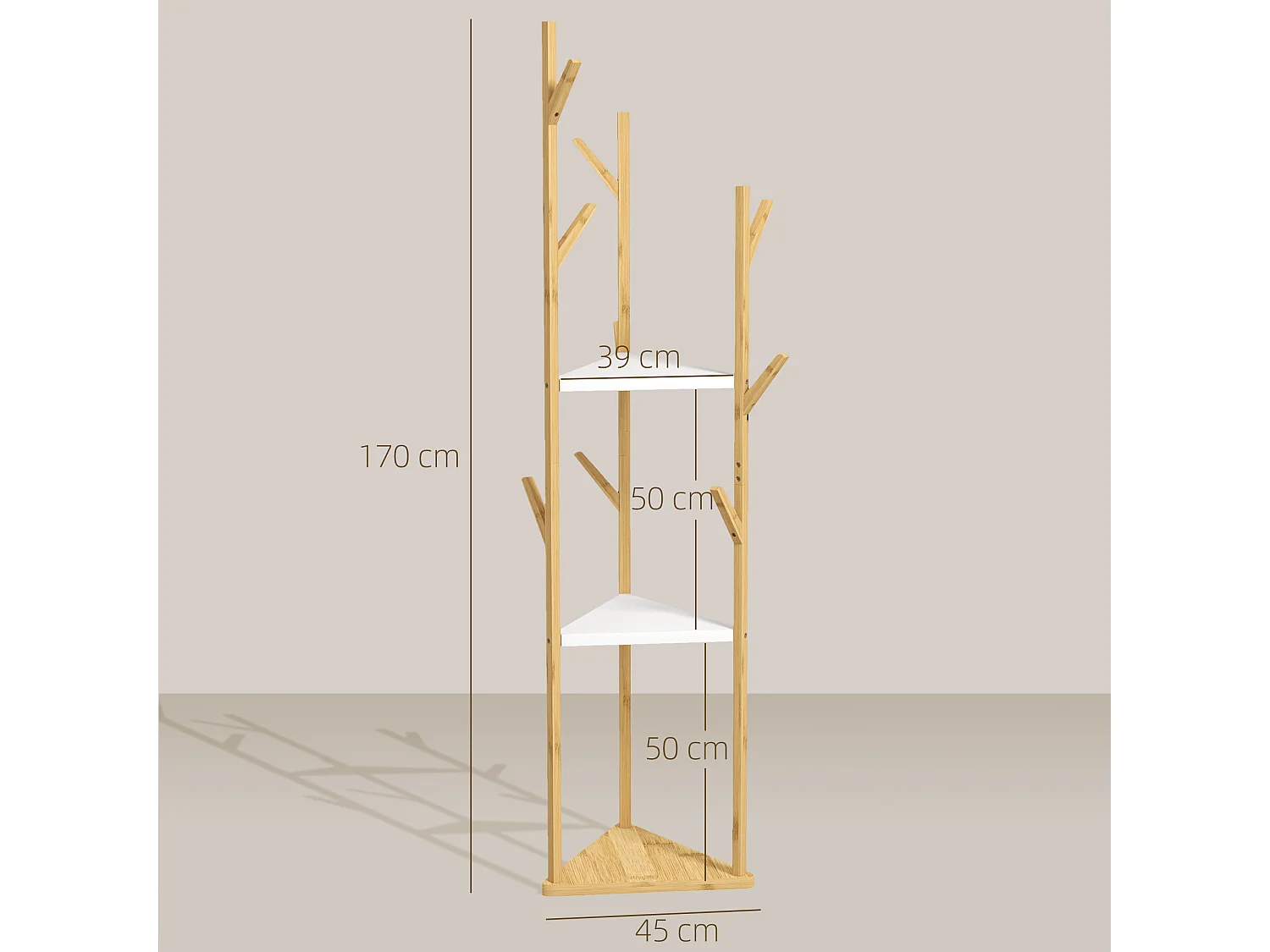 Albero appendiabiti da terra con 9 ganci e 3 ripiani legno e bianco