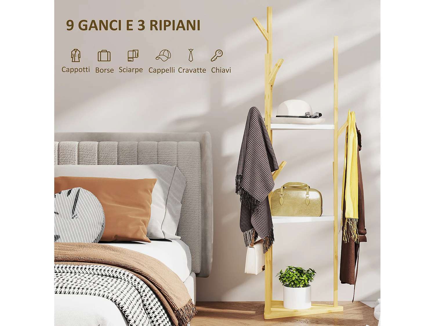Albero appendiabiti da terra con 9 ganci e 3 ripiani legno e bianco