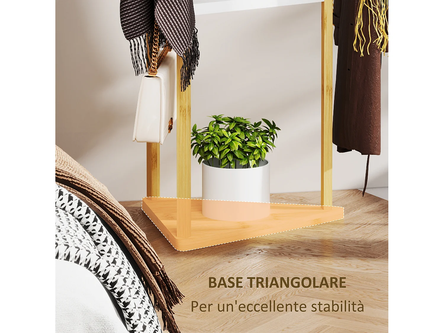 Albero appendiabiti da terra con 9 ganci e 3 ripiani legno e bianco